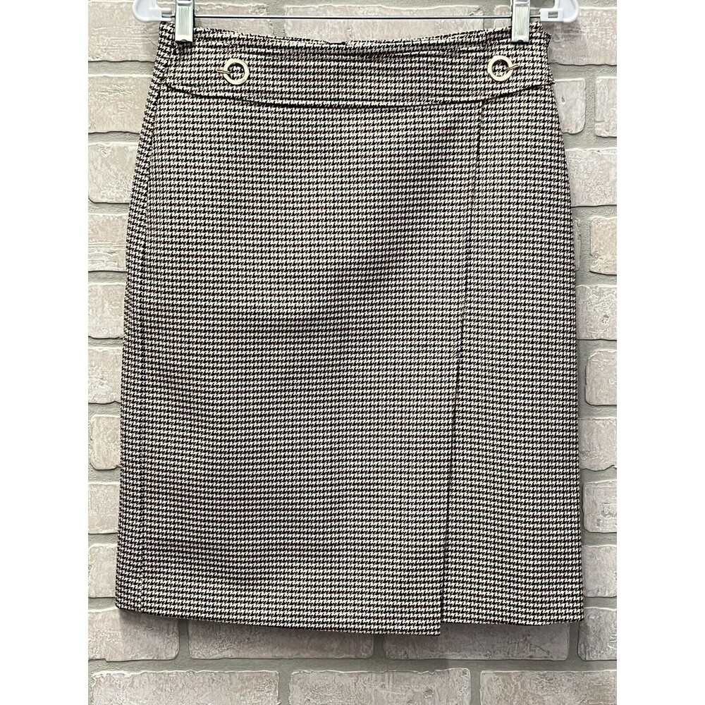 H&M Cream Black Mustard Red Dogtooth Check Fixed Wrap Pencil Skirt SZ 6 Gold HW